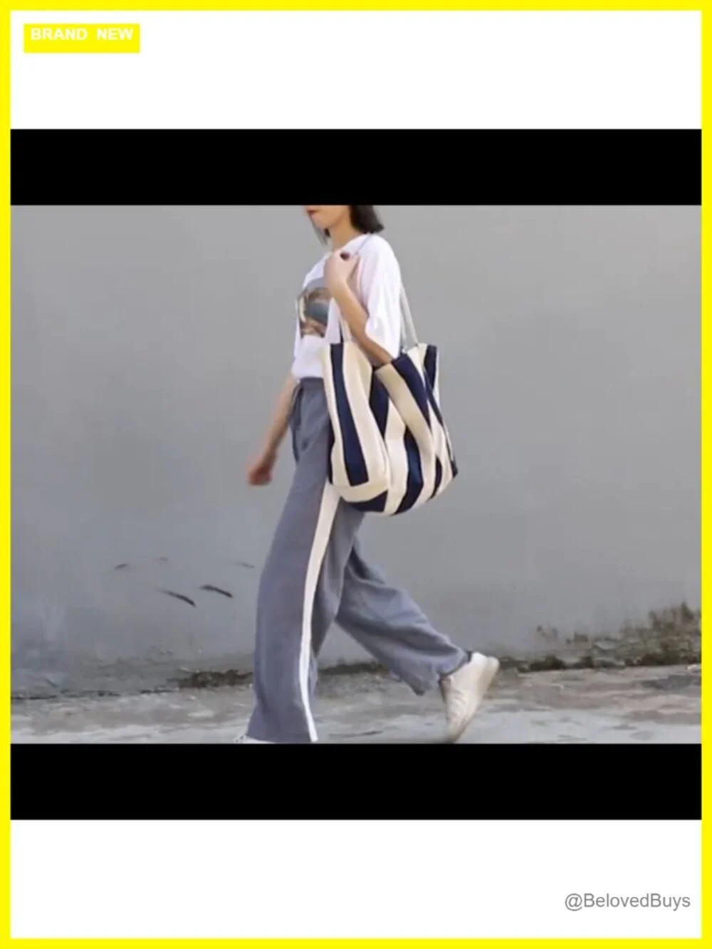 Canvas Tote Bag Vertical Stripes Large Capacity Shoulder Bag Shopping Travel